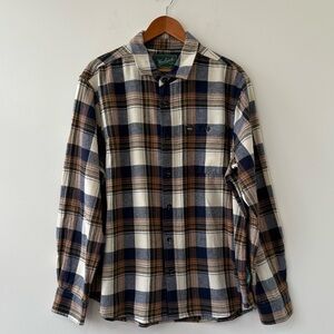 Woolrich Men's Plaid Shirt - Navy, Brown, and Cream Size XXL
